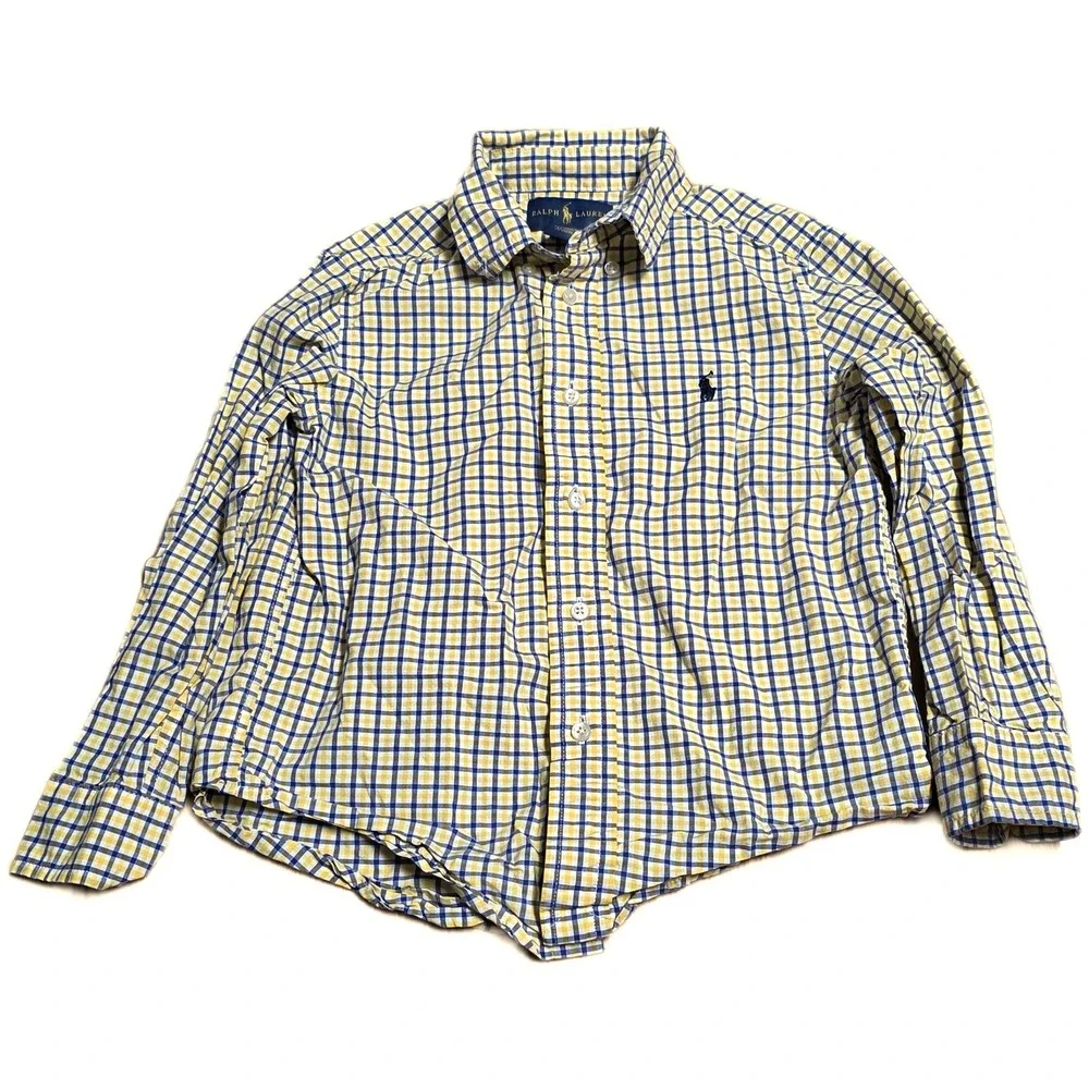 Ralph Lauren Plaid Button Down‎ Shirt Boy's Size 5 Blue Yellow Long Sleeve